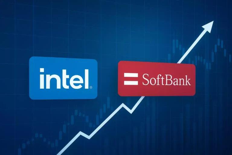 Intel’s stock rallies after $2 billion investment by Japan’s SoftBank with upward stock market chart.