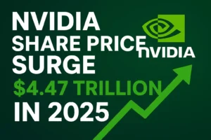 Nvidia share price surge 2025 with $4.47 trillion market cap and upward green arrow chart.