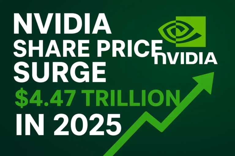 Nvidia share price surge 2025 with $4.47 trillion market cap and upward green arrow chart.