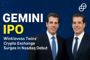 Winklevoss twins celebrate Gemini IPO debut on Nasdaq as GEMI stock price surges in first day of trading.